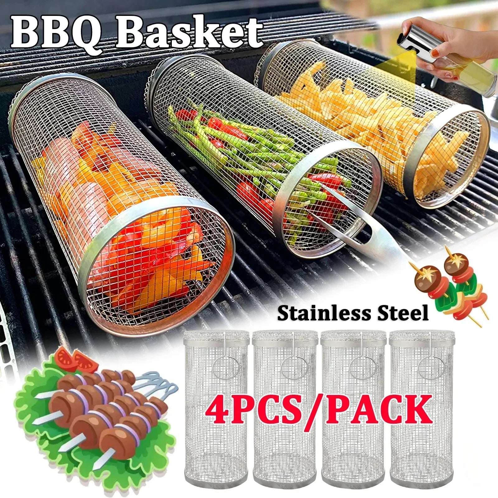 Rolling Stainless Steel BBQ Grill Basket  For Vegetables & Fish